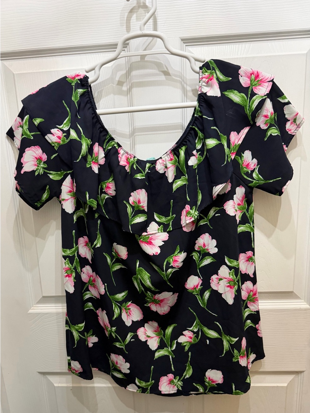 P.S. Kate Floral Off/On Shoulder Black Blouse with Pink White Florals Size L